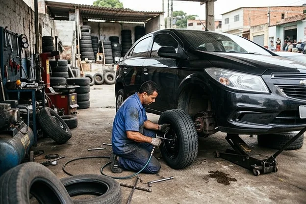 Carro sendo analisado em uma borracharia.