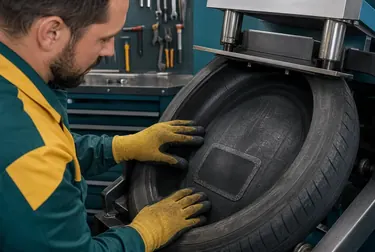 Profissional fazendo vulcanização de pneus em uma borracharia.