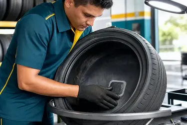 Técnico consertando pneus em uma borracharia.