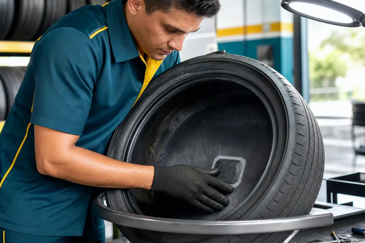 Técnico consertando pneus em uma borracharia.