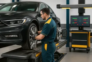 Técnico realizando alinhamento de rodas com equipamento especializado.
