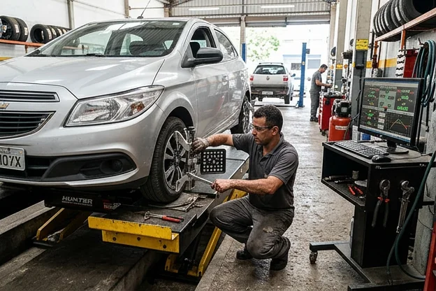 Técnico realizando alinhamento de rodas em uma borracharia.